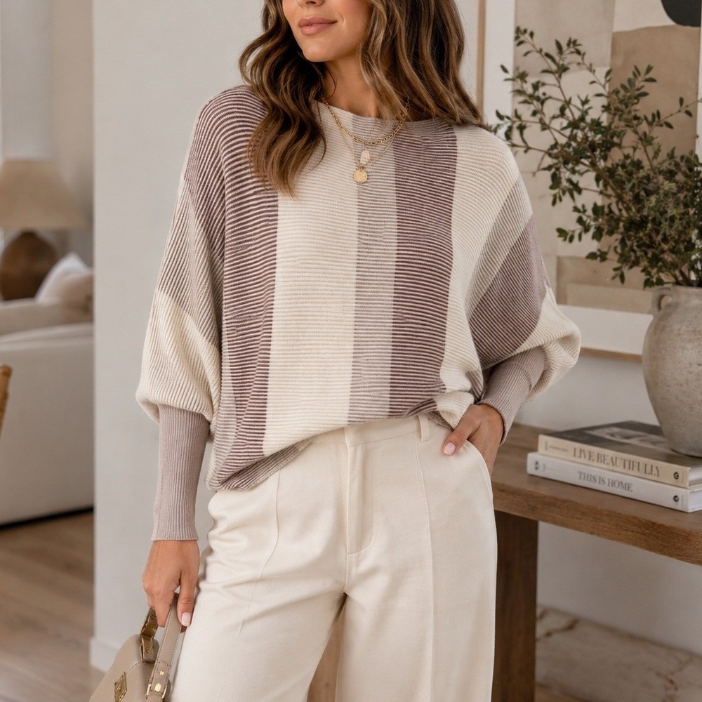 Tahari XL Dolman Sleeve Striped Sweater Neutral Batwing Knit Pullover Scandi